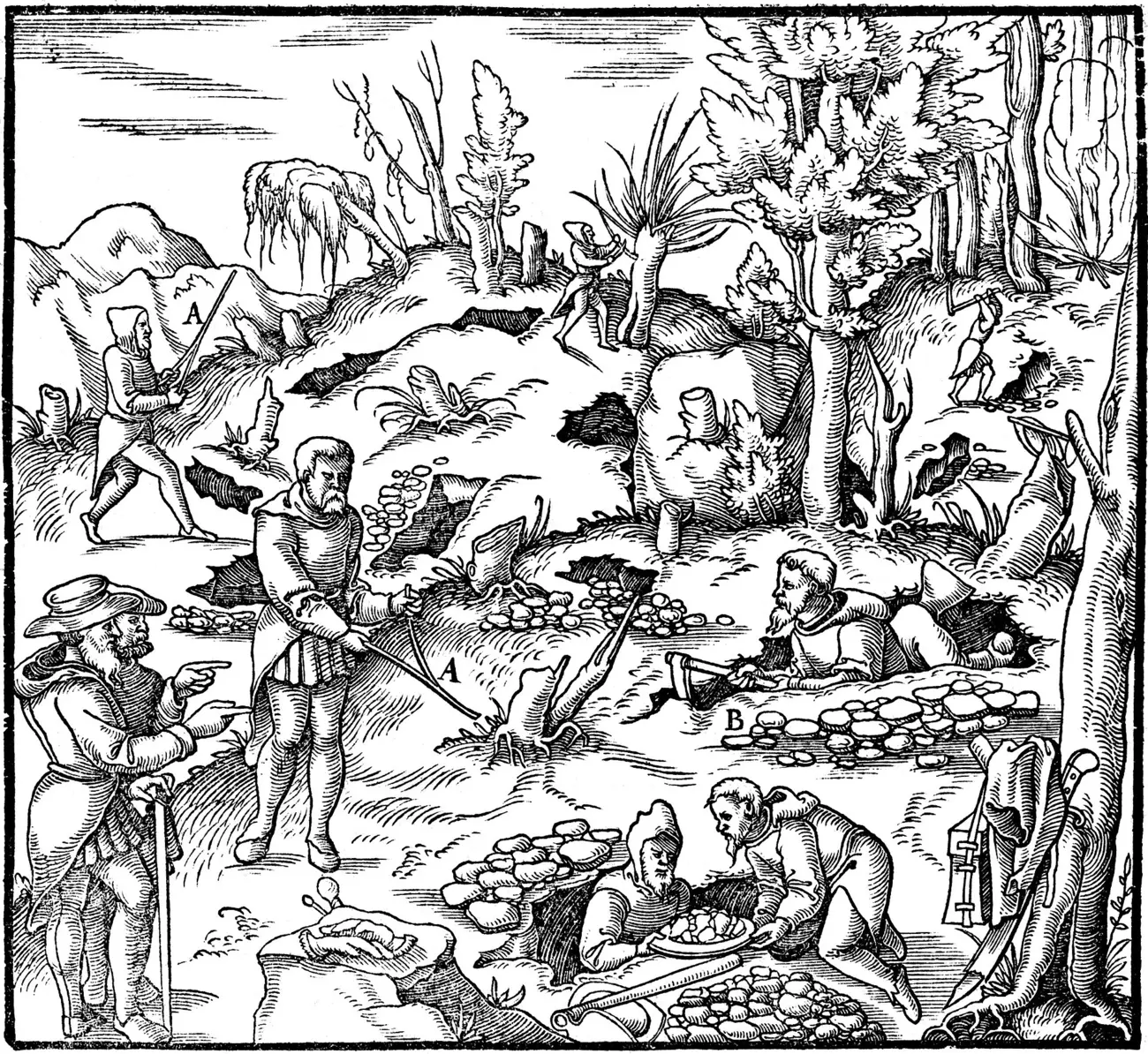 A woodcut of prospectors on a hillside, some walking with forked rods, others digging trial pits.
