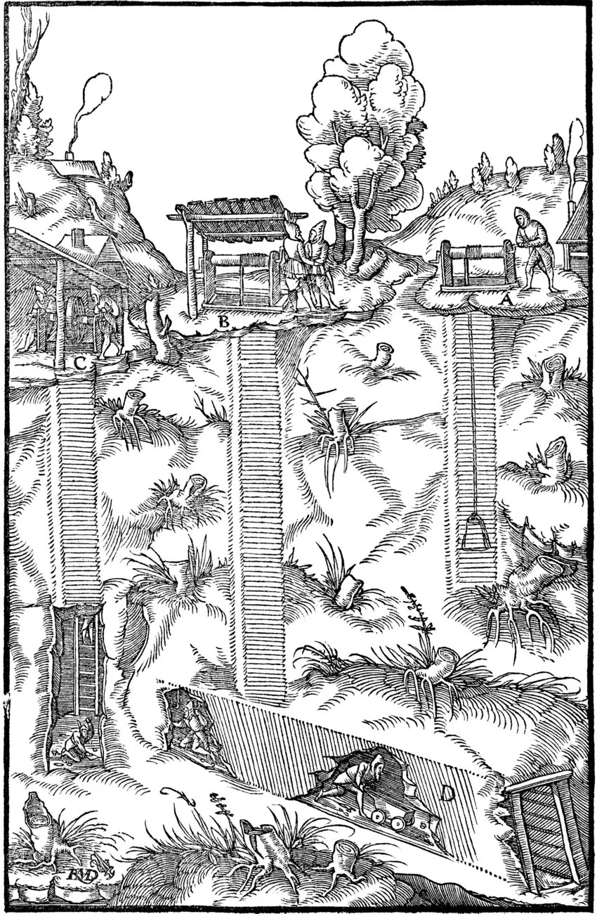 A sixteenth-century woodcut of three mine shafts side by side, each with its own winch house on the hill above.